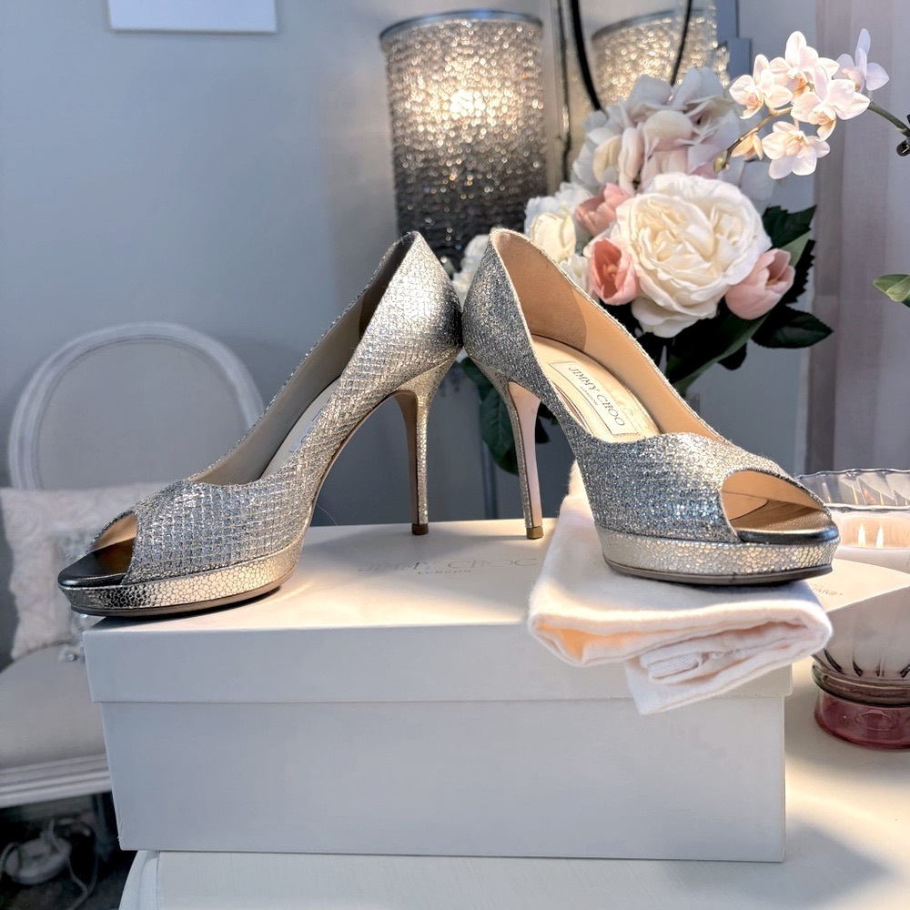 👠JIMMY CHOO Authentic Luna Champagne Silver Metallic Glitter Peep Toe Pump,IT 39
